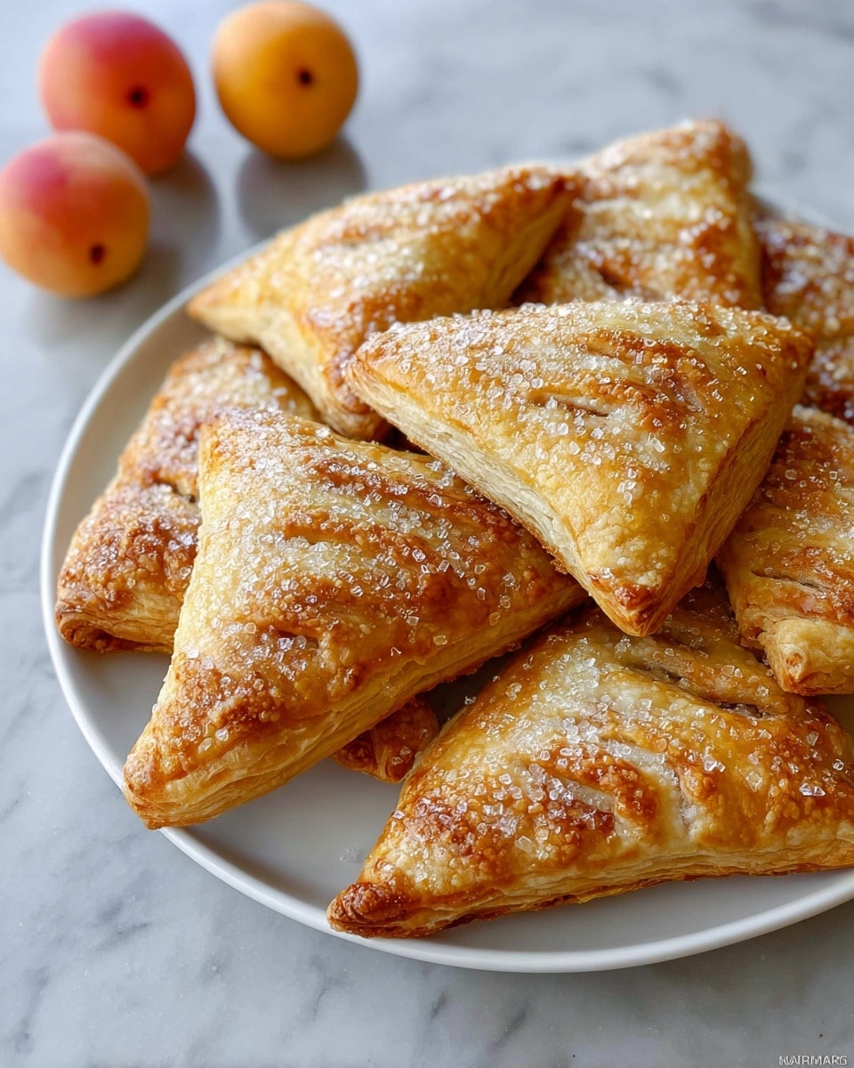 A white plate holds several triangular pastries arranged in a loose pile. Each pastry has a golden brown, flaky crust with a slightly shiny texture, covered in large sparkling sugar crystals on top. The edges of the pastries are pressed down with fork marks, showing a ridged pattern. In the background, there are a few small round fruit with light orange skin and red spots on a white marbled surface. The photo taken with an iphone --ar 4:5 --v 7