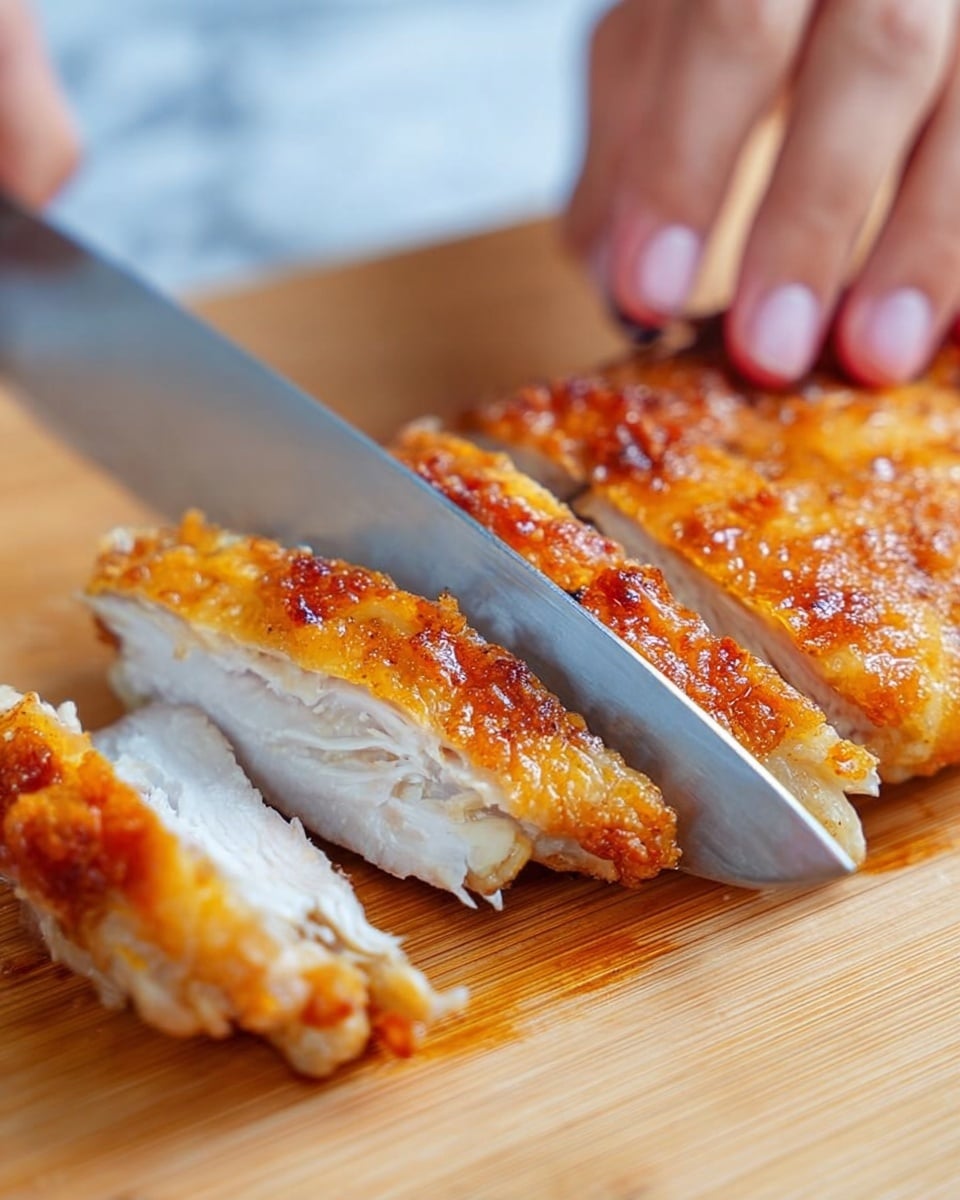 The image shows a close-up of a golden brown cooked chicken piece on a light wooden cutting board, being sliced into thick pieces by a sharp silver knife. The chicken has a crispy skin on top with a slightly crunchy texture and juicy white meat inside. A woman's hand holds the chicken steady while the knife slices through it, with visible fingernails and fingers near the chicken edge. The background is a white marbled texture. photo taken with an iphone --ar 4:5 --v 7