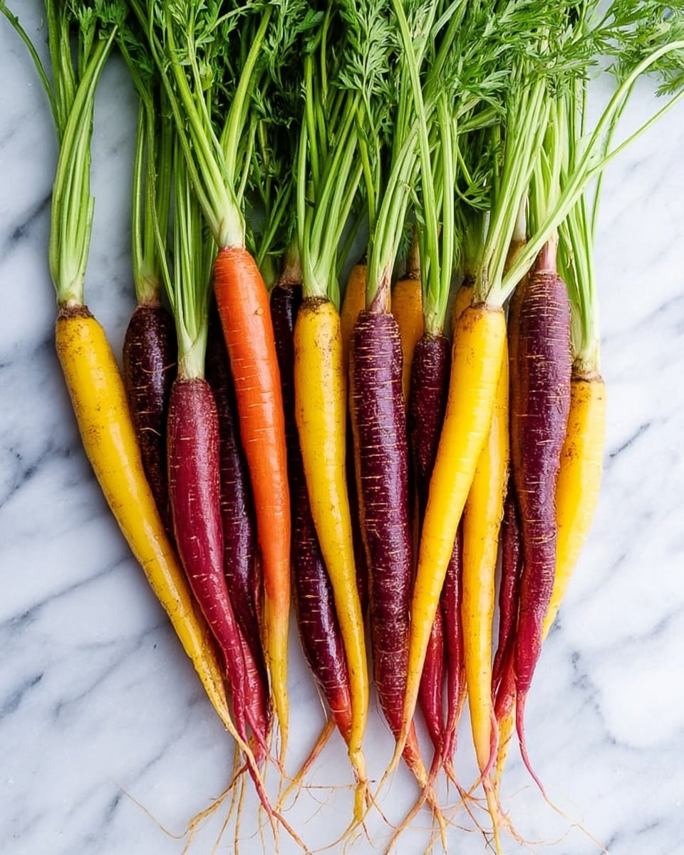 A bunch of long fresh carrots with green leafy tops lies flat on a white marbled surface. The carrots have two main colors: a deep purple and a bright yellow. They are arranged closely together with the green leafy tops extending upwards, creating a lively green layer at the top, followed by the thick carrot bodies showing their vibrant purple and yellow shades with smooth, slightly textured skin. The thin roots spread out at the bottom, giving a natural and fresh look. Photo taken with an iphone --ar 4:5 --v 7