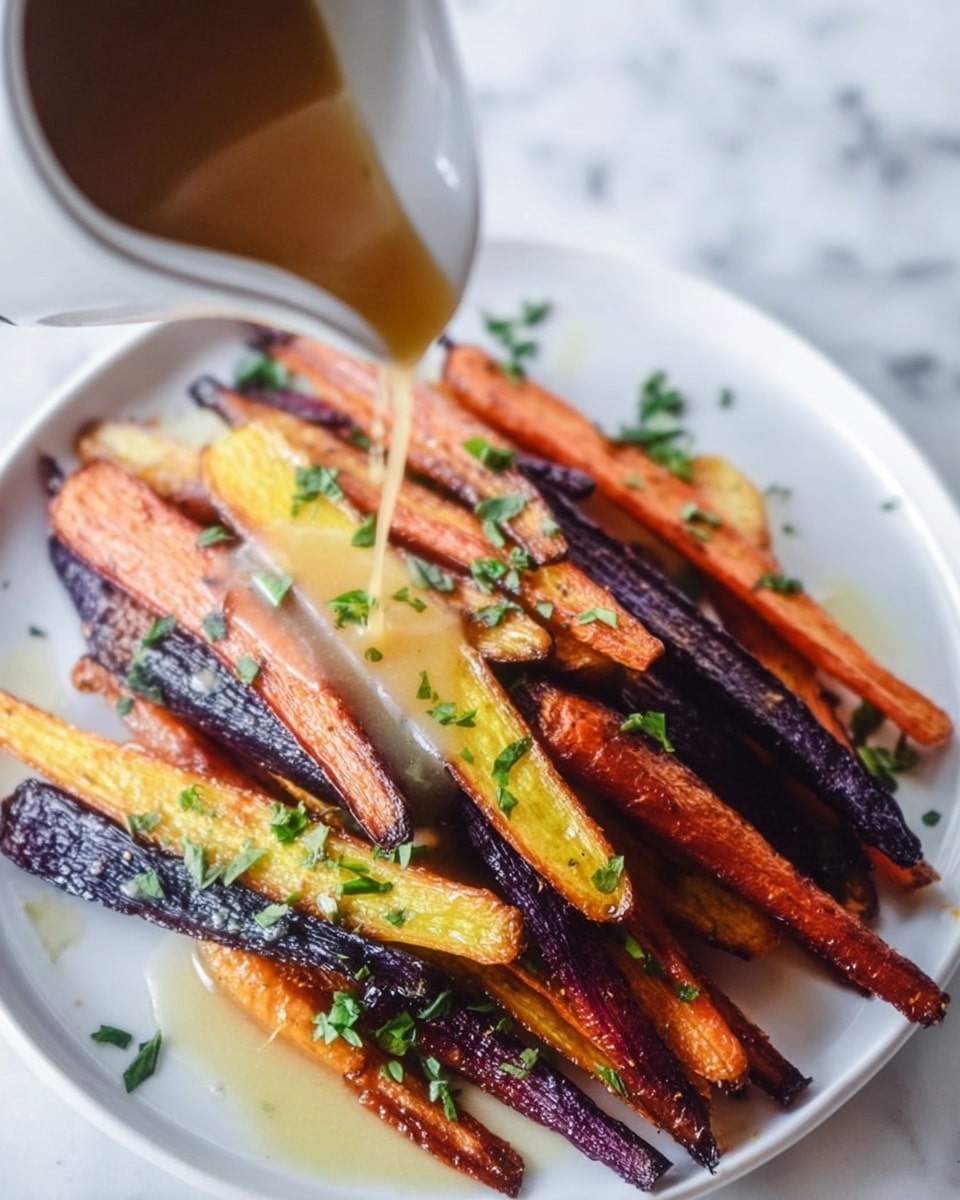 A white plate is filled with a pile of roasted carrots showing deep orange, yellow, and purple colors, some with slightly charred edges. Small green herb pieces are sprinkled over the carrots. From the top-left side, a white sauce container is tilted, and brown sauce is dripping down onto the carrots. The whole scene is set on a white marbled surface. photo taken with an iphone --ar 4:5 --v 7