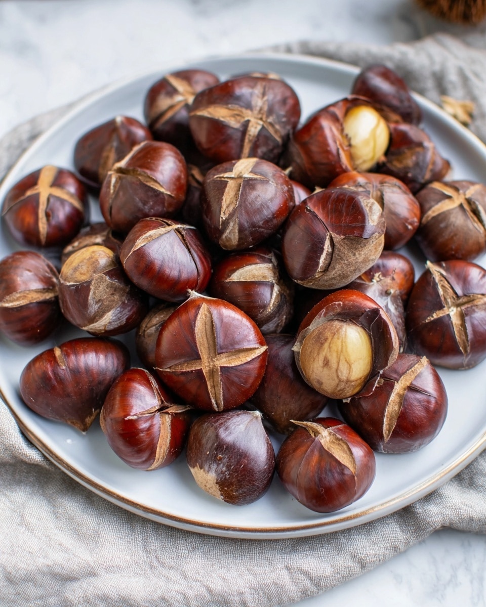 A white plate filled with many roasted chestnuts, each chestnut is deep brown with a shiny, smooth texture and has an X-shaped cut on the top, showing a lighter beige inside. The plate is placed on a white marbled surface with some cloth textures partly visible around the edges. The chestnuts are piled up, overlapping each other with a mix of whole and slightly cracked shells, showing soft inner nuts. Photo taken with an iphone --ar 4:5 --v 7