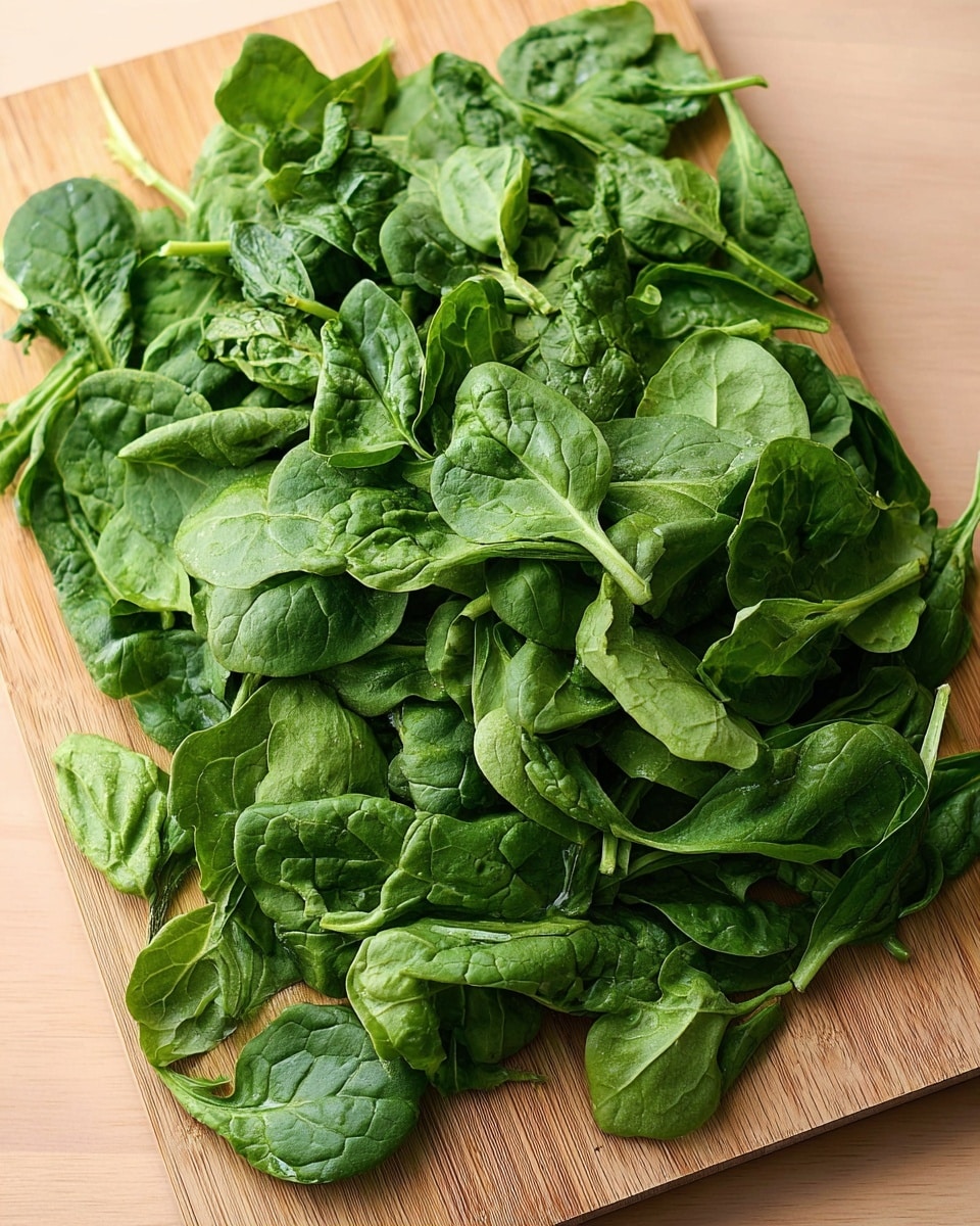 A pile of fresh green spinach leaves spread out on a light wooden cutting board, showing various sizes and shapes of the leaves with visible veins and some curled edges. The leaves are layered loosely in a natural, uneven pile, with some stems still attached. The background is a soft beige color. photo taken with an iphone --ar 4:5 --v 7