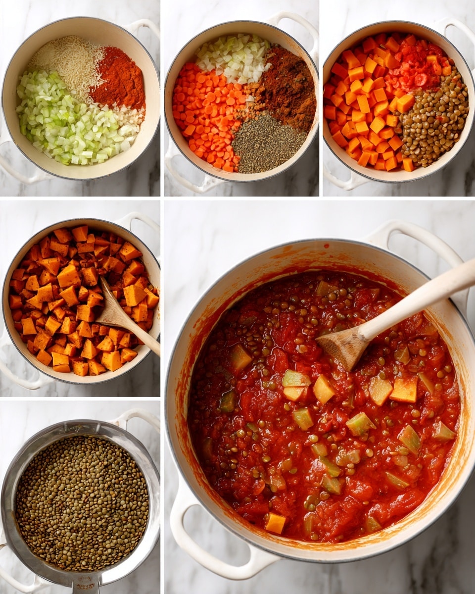 A collage of nine images shows step-by-step cooking of a lentil and vegetable stew in a white pot on a white marbled surface. The first image features three layers: finely chopped onions and celery (pale green and white) at the bottom, orange carrots on top, and a wooden spoon at the side. The second image shows the same vegetables cooked down and mixed, looking translucent and softer. The third layer adds cubed orange sweet potatoes and dark spices piled in the center. The fourth image shows everything cooked together, the sweet potatoes softened and mixed with the vegetables, all warmly colored in orange and brown tones. The fifth image shifts to a colander with evenly round greenish-brown lentils. The sixth image returns to the pot where drained lentils are layered over the sweet potatoes and mixed vegetables, topped with a smooth, thick layer of bright red tomato paste. The seventh image shows everything simmered, with small soft orange sweet potato pieces floating in a rich red broth. The eighth image zooms in on the stew, showing bubbling liquid with visible lentils and sweet potato chunks being stirred with a metal spoon. The ninth image shows a close view of the stew's thick mix of lentils and vegetables with a wooden mash tool partially submerged. Photo taken with an iphone --ar 4:5 --v 7