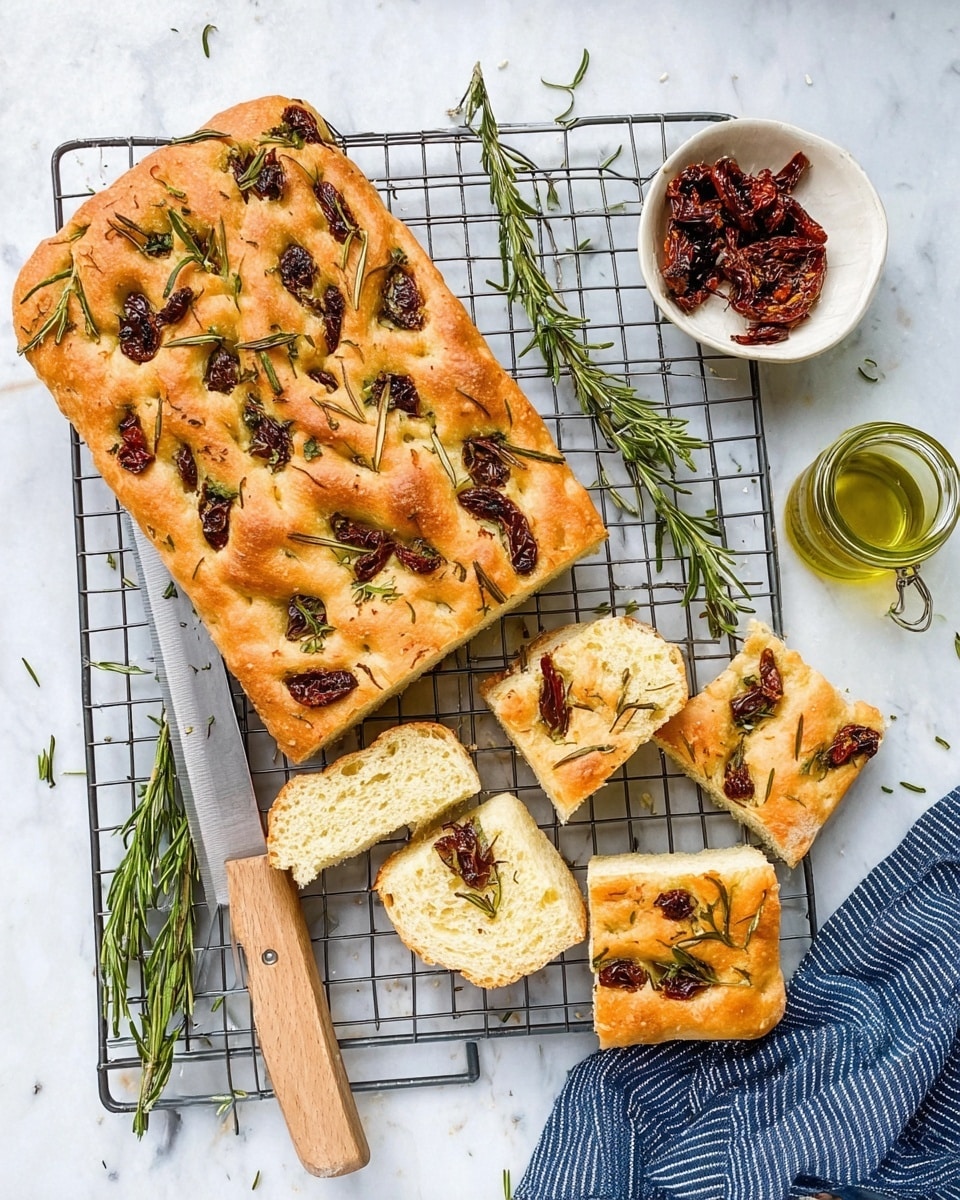 The image shows two rectangular focaccia breads placed on a cooling rack over a white marbled surface. Each focaccia has a golden-brown crust dotted with dark brown sun-dried tomatoes and green rosemary sprigs, giving a textured and fresh look. One focaccia is whole while the other is partially cut into smaller square pieces, revealing a soft, airy, light cream interior. A serrated knife with a wooden handle rests diagonally across the rack, and there is a small white bowl filled with more sun-dried tomatoes near the top right. A clear glass jar of olive oil and fresh rosemary sprigs are placed around the breads. The scene is bright and clean, with a striped blue cloth partially visible on the bottom right. photo taken with an iphone --ar 4:5 --v 7