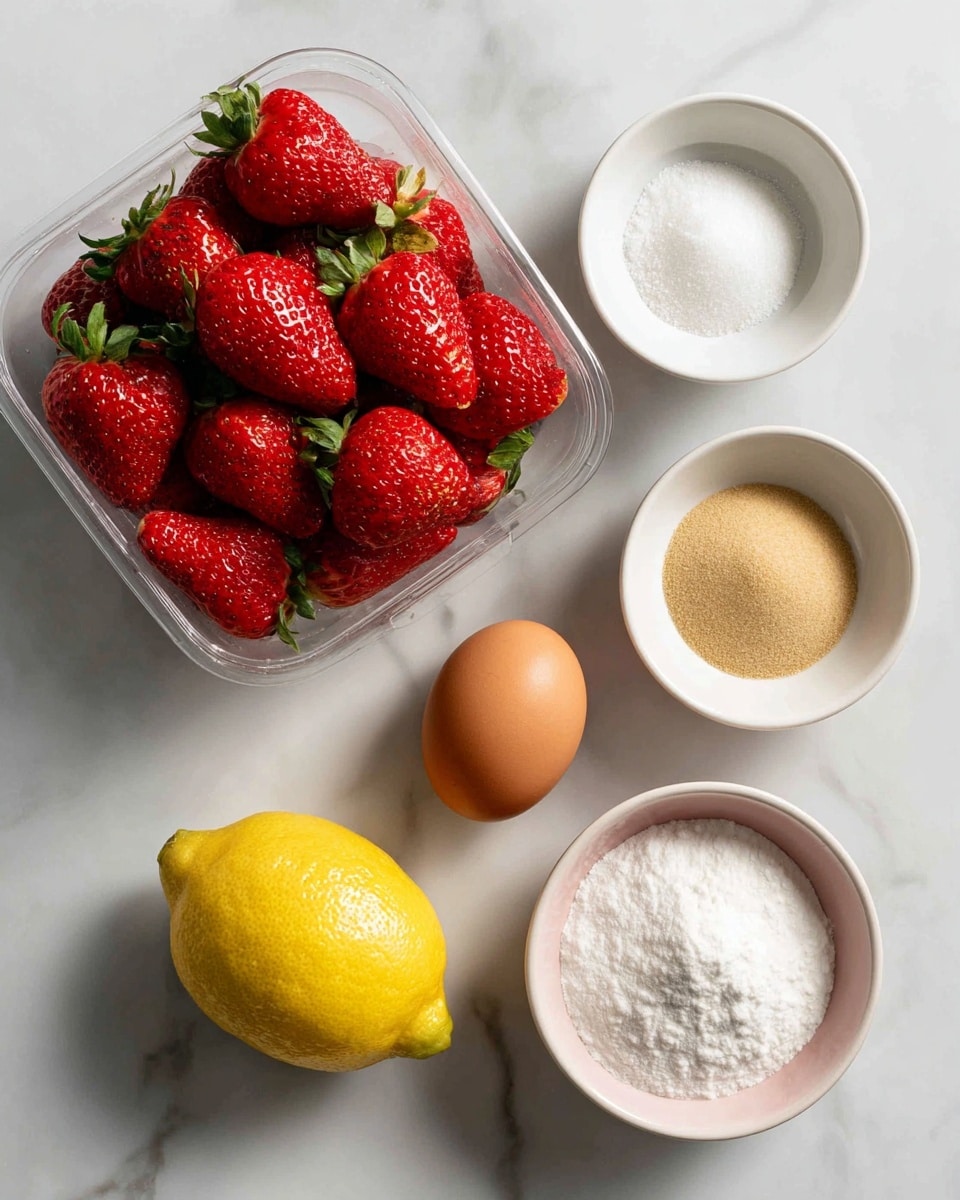 A clear plastic container filled with bright red strawberries with green tops sits on a white marbled surface in the left part of the image. Next to it on the right are a halved yellow lemon and a brown egg placed side by side. Below them are three small white bowls arranged in a rough triangle: the top right bowl, which is white but looks pink, contains light brown sugar labeled as Demerara or Turbinado sugar; the bottom right white bowl holds white cornflour labeled as corn starch; and the bottom middle white bowl is filled with white granulated sugar. Each item is neatly labeled with black and white text floating near or above it. The photo taken with an iphone --ar 4:5 --v 7