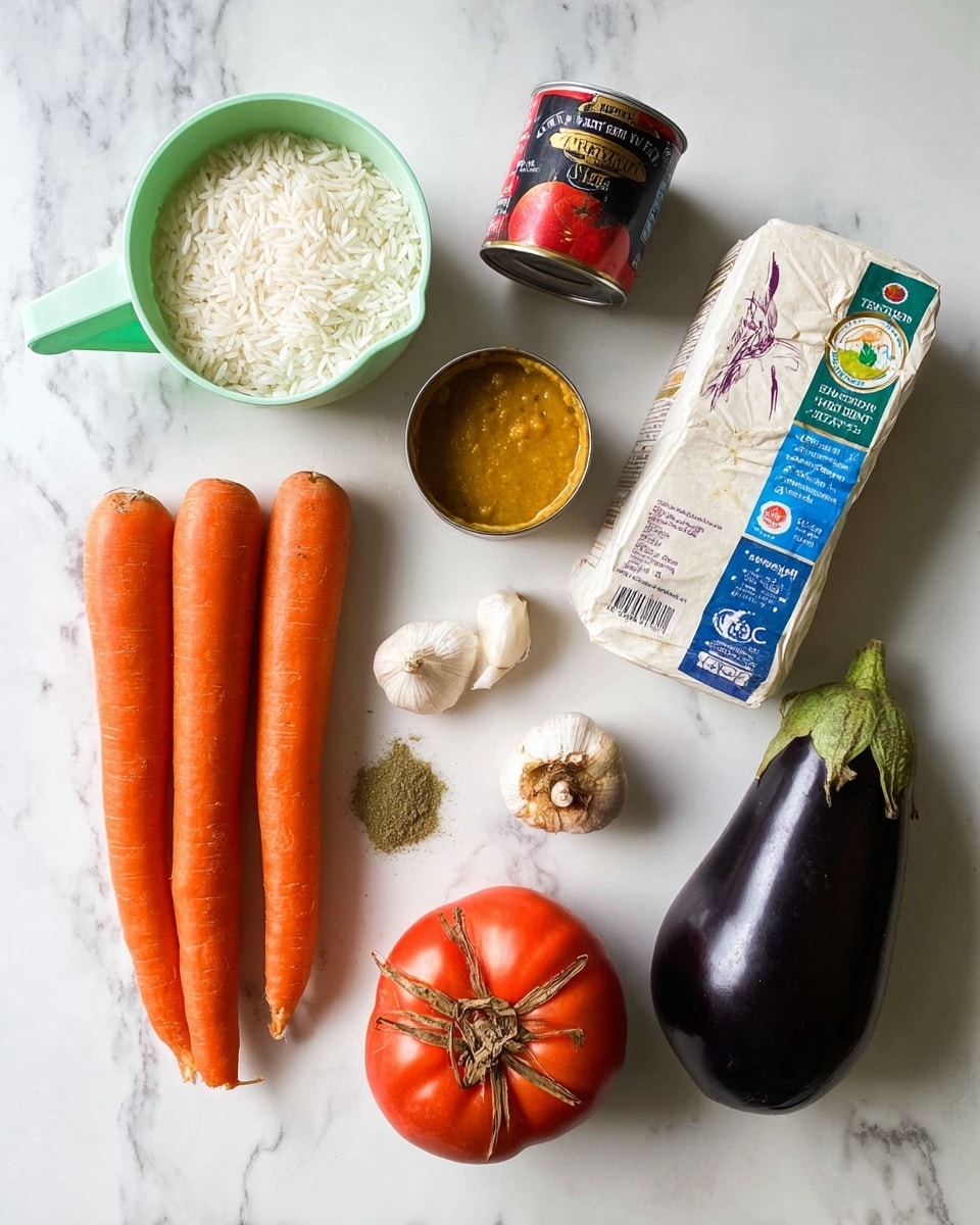 The image shows various ingredients placed on a white marbled surface, including two long orange carrots on the left, a light green measuring cup filled with white rice above two small containers—a red and black can of coconut milk and a yellow tub of yellow curry paste. To the right, there is a large white onion with dried brown stems and a big, wrinkled red tomato-like vegetable. Near the bottom right corner, there is a fresh, dark purple eggplant and a white package of tofu with green and blue labeling. Scattered near the tofu are several cloves of garlic and a small open foil of green spice powder. Photo taken with an iphone --ar 4:5 --v 7
