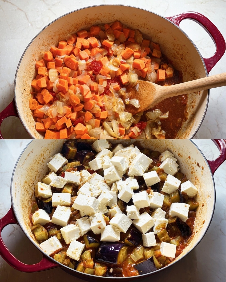 Two white large shallow pots side by side on a white marbled surface. The left pot shows a cooked mix of soft diced orange carrots and light chopped onions with a brown sauce coating the bottom and sides, a wooden spoon resting inside the pot. The right pot has a tomato sauce with pieces of deep purple eggplants in chunks, topped with many white, small, square tofu pieces stacked unevenly across the surface. Both pots have red handles. photo taken with an iphone --ar 4:5 --v 7