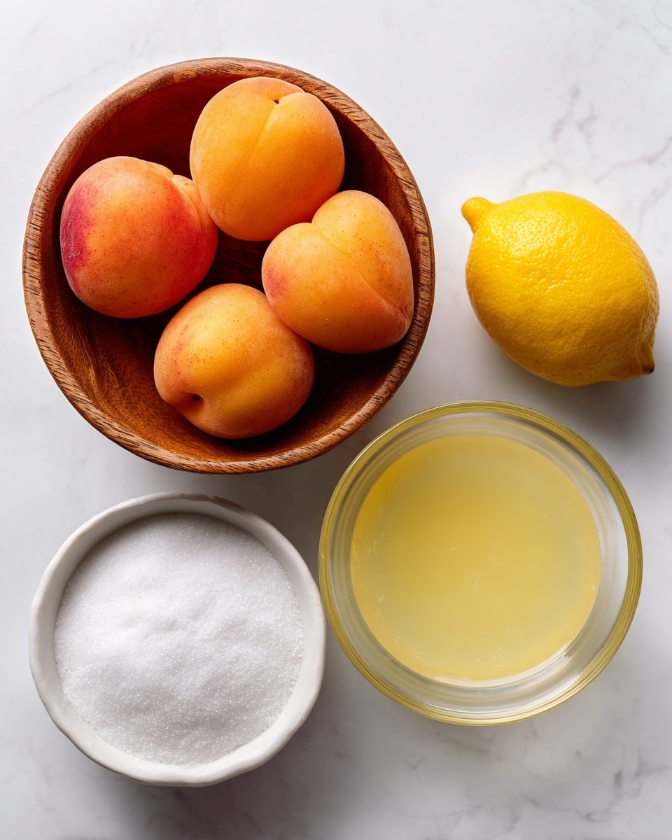 A top-down view of three ingredients placed on a white marbled surface: at the top left, a wooden bowl filled with whole apricots in a soft orange color with slight red blushes; below it, a white bowl filled with fine white sugar; at the top right, a whole yellow lemon beside a small clear glass cup holding pale yellow lemon juice. Each ingredient is clearly separated with space between them, and the image has a clean, bright look. Photo taken with an iphone --ar 4:5 --v 7