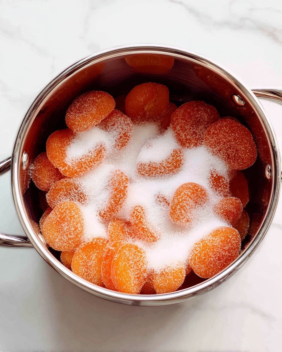 The image shows a silver pot filled with a single layer of round, orange slices that have a slightly textured surface, likely apricot or peach halves. These fruit slices are closely packed inside the pot, fully covered with a layer of white granulated sugar that hides most of their tops. The pot has two handles on each side and is resting on a white marbled surface. photo taken with an iphone --ar 4:5 --v 7