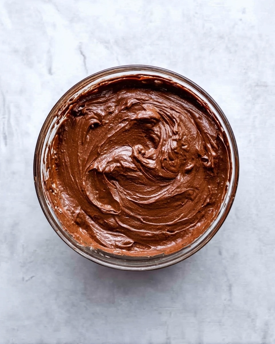 A top view of a single clear glass bowl filled with thick, smooth, and creamy chocolate batter swirled gently in the center, showing rich dark brown color and soft texture with some visible peaks and folds. The bowl sits on a white marbled surface, creating a clean and simple background that highlights the glossy chocolate mix. photo taken with an iphone --ar 4:5 --v 7