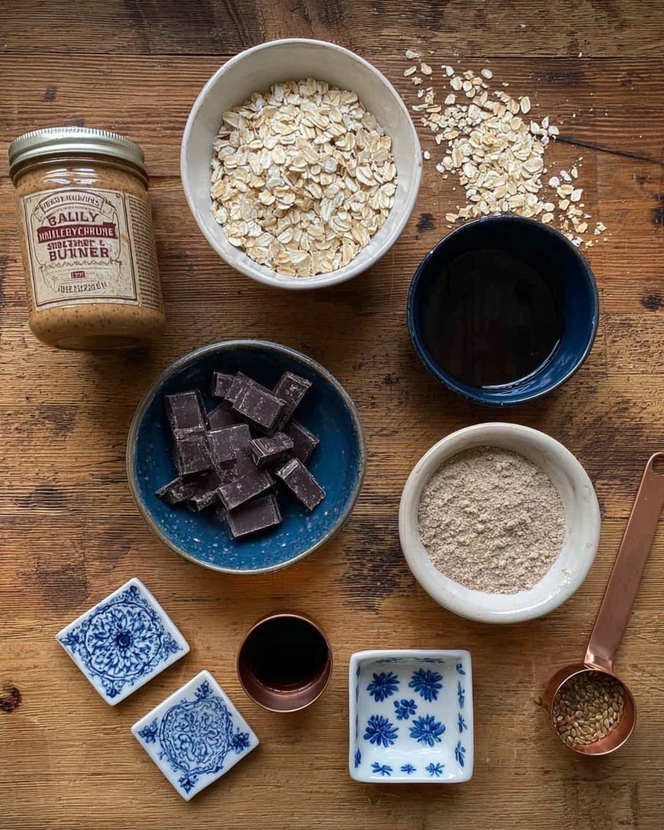 A top-down view of ingredients arranged on a wooden surface, featuring a jar of crunchy salted almond butter on the left, a white bowl filled with light beige rolled oats at the top center, a dark blue bowl with ground flaxseeds on the top right, a white bowl with light brown powder near the right edge, a small copper measuring cup with dark chocolate chunks near the bottom left, and two small square white dishes with blue floral patterns in the middle—one containing a dark liquid and the other empty. Scattered oats are spread around the items. photo taken with an iphone --ar 4:5 --v 7
