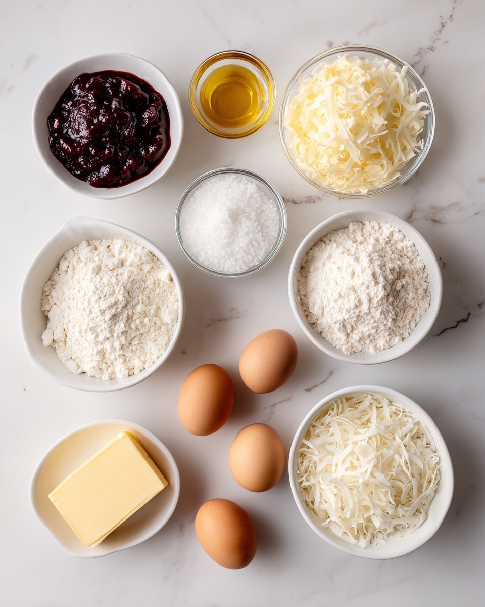 The image shows eight ingredients neatly placed on a white marbled surface, each in separate clear or white bowls except two brown eggs placed directly on the surface. Starting from the top left corner, there is a white bowl filled with dark red raspberry jam, followed by a small clear bowl with light yellow vanilla extract. To the right is a clear bowl containing white plain flour with a powdery texture. Below the flour, a white bowl is filled with finely shredded white desiccated coconut. Next to it is a white bowl with fine white caster sugar. Below the raspberry jam and vanilla are two brown eggs, and to the bottom left is a small white bowl with a rectangular piece of yellow butter. To its right is another white bowl with white shredded coconut strands. All ingredients are arranged spaced apart on a clean white marbled surface, clearly labeled with light brown text for each ingredient. photo taken with an iphone --ar 4:5 --v 7