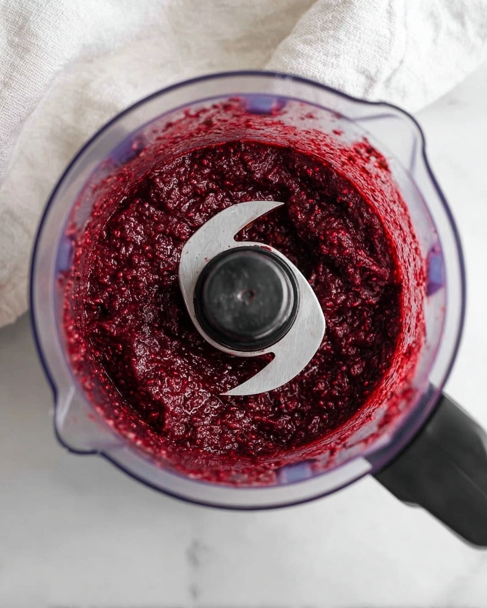 The image shows a clear blender container filled with a thick, dark red mixture that looks like crushed berries. The texture is uneven with visible berry seeds and small chunks, creating a rough surface around the sharp silver blade in the center. The blender rests on a white marbled texture with a white cloth partially visible to the right. The blender's black handle extends to the right side of the frame. photo taken with an iphone --ar 4:5 --v 7