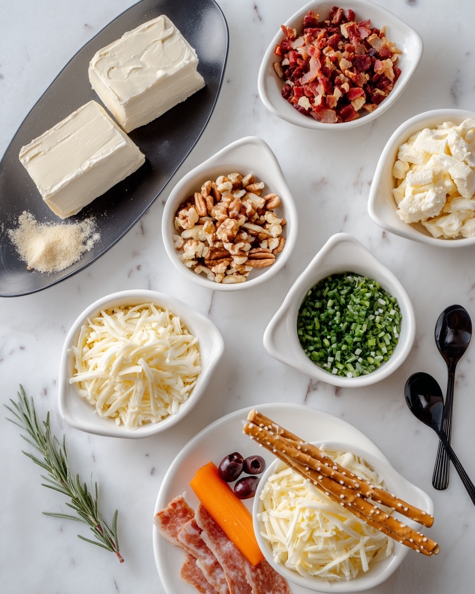 The image shows several small white bowls and a white plate arranged on a white marbled surface. At the top left, two thick blocks of cream cheese lay on a small black oval plate. To the right, a white bowl holds red bacon bits, below it another white bowl is filled with chopped green chives, and next to that is a white bowl with mixed pine nuts or pecans. Two black spoons rest near the bowls, one with light beige onion powder and the other with pale yellow garlic powder. Below these, a white bowl is full of shredded pale yellow smoked gouda cheese. At the bottom, a white plate holds a small white bowl with finely shredded cheese, three black olives, a small orange baby carrot, a long brown pretzel stick, and a single piece of thinly sliced cured meat arranged neatly as snowman features. The whole setup is clean and bright, with everything clearly labeled. photo taken with an iphone --ar 4:5 --v 7
