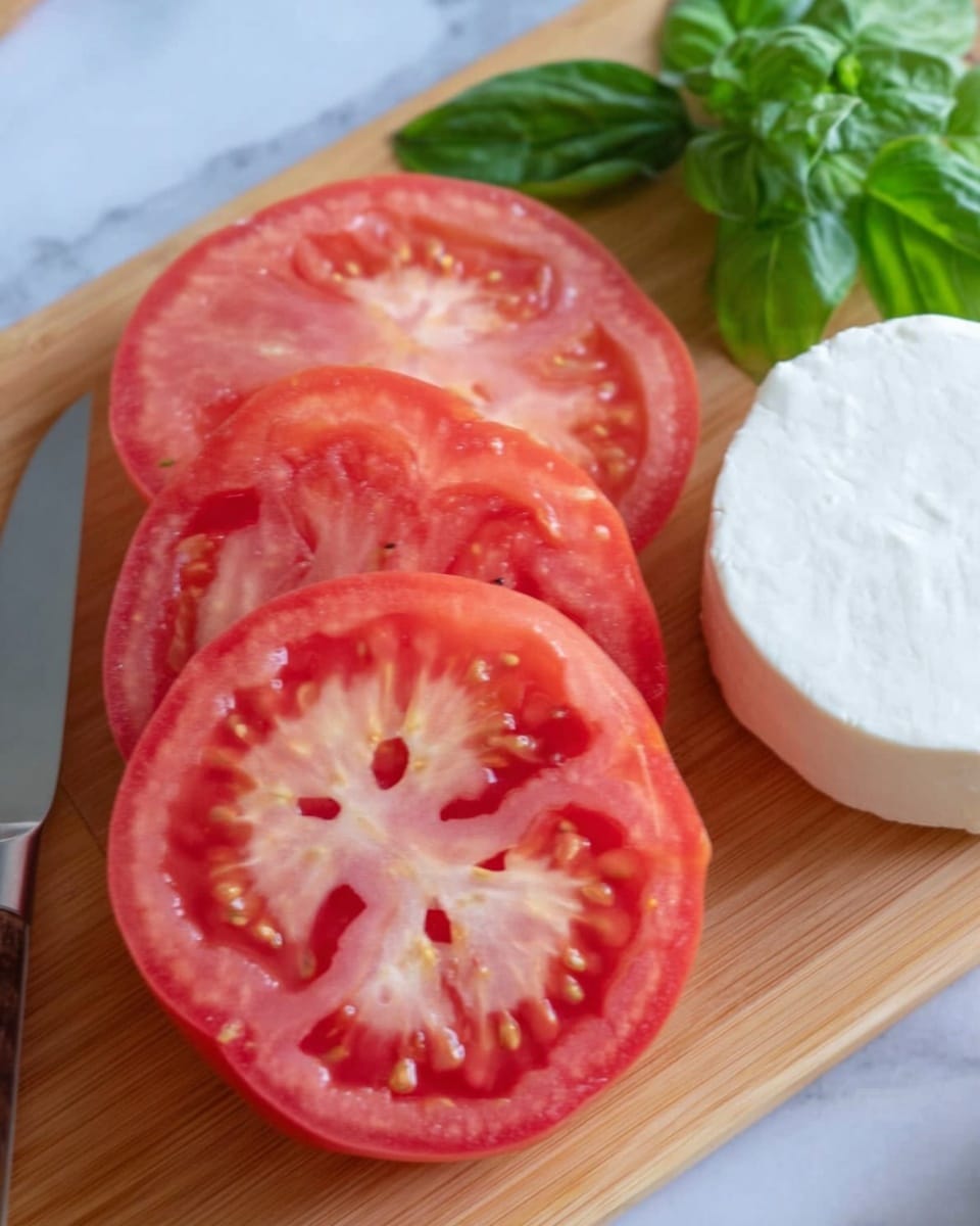 The image shows three thick slices of bright red tomato with visible seeds and soft flesh, arranged on a light wooden cutting board. To the right of the tomatoes, there is a round piece of white cheese with a smooth surface. Behind the cheese, a small bunch of fresh green basil leaves adds a pop of color. Below the cheese and basil, the tip of a silver knife is partially visible. The whole scene is set on a white marbled texture. photo taken with an iphone --ar 4:5 --v 7
