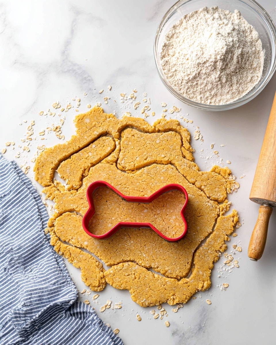 The image shows three main ingredients on a white marbled surface: a clear glass bowl filled with light beige oats at the bottom left, a clear glass bowl containing bright orange pumpkin puree at the bottom right, and a metal measuring cup with smooth light brown peanut butter sitting at the top right. Above the peanut butter is a red cookie cutter shaped like a bone. The labels