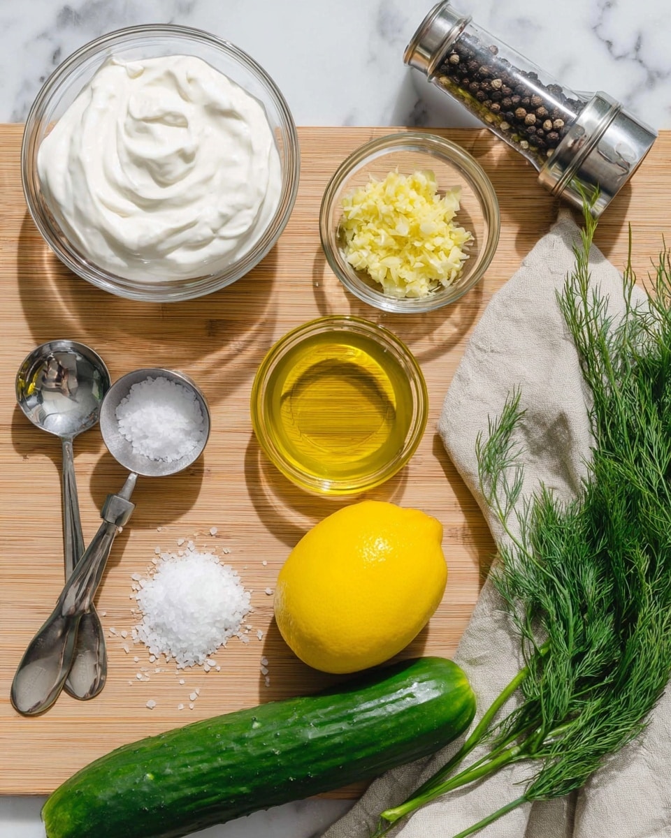 The image shows all the ingredients on a wooden surface with a bright natural light. There is a glass bowl of thick white yogurt in the top left corner. Next to it is a small clear bowl with yellow minced garlic, and above that a glass pepper grinder with dark peppercorns inside. Below the yogurt is a silver measuring spoon with white salt, and next to it a larger silver spoon holding white salt crystals. In the center is a small clear bowl of yellow olive oil. To the right of that is a whole yellow lemon with smooth skin. Below the lemon is a long, dark green cucumber with a bumpy texture. On the right side, there is a bunch of fresh green dill partly wrapped in a light beige cloth. The background is a white marbled texture. Photo taken with an iphone --ar 4:5 --v 7