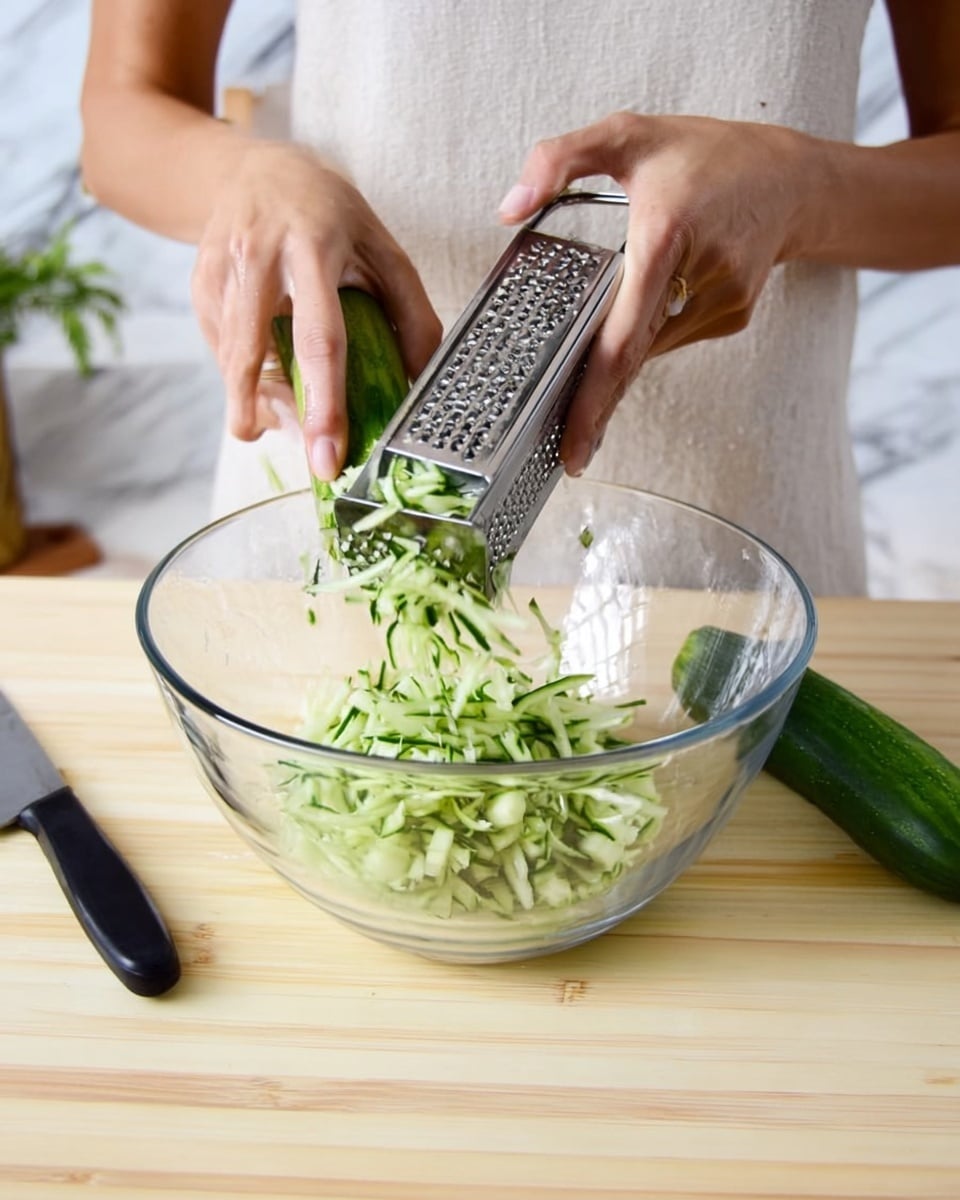 A clear glass bowl sits on a light wooden table with a white marbled background. Inside the bowl, thin green slices of cucumber are being grated from a whole cucumber by a woman's hands. One woman's hand holds the grater at an angle, while the other woman's hand moves the cucumber up and down against the grater to create fine shreds falling into the bowl. A small black-handled knife lies on the table to the left. The scene focuses on the action of grating with soft natural light and a clean kitchen setting. photo taken with an iphone --ar 4:5 --v 7