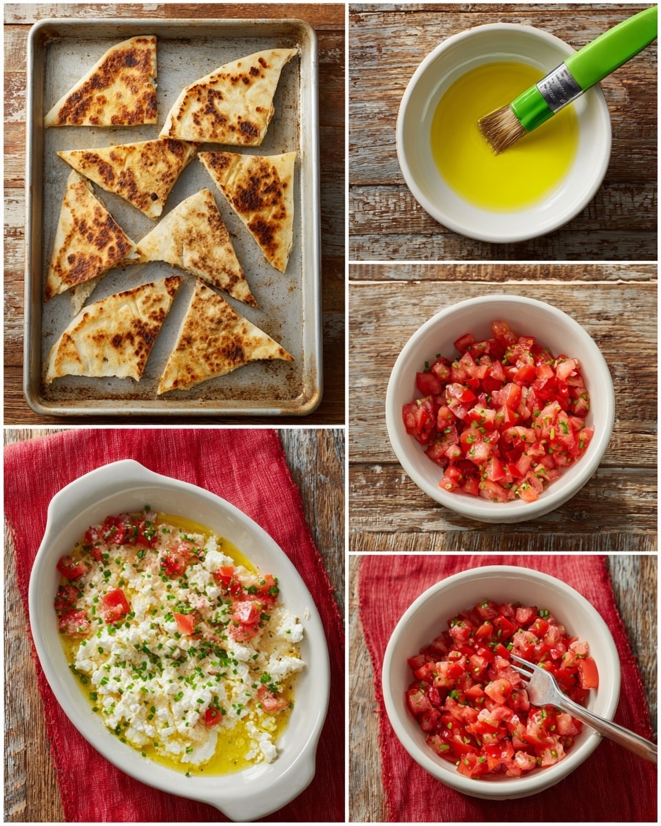 The image shows six steps of making a layered tomato and cheese dish. The first part shows a tray with triangular pieces of toasted flatbread, golden brown with some darker toasted spots. The second part shows a white bowl with bright yellow olive oil and a green brush resting inside. The third part shows diced red tomatoes in a light green colander. The fourth part shows the same diced tomatoes placed in a white oval baking dish on a wooden surface. The fifth part shows the tomatoes mixed with white crumbled cheese in the same white dish, with a metal fork inside. The last part shows the completed dish with three layers: the bottom is chopped red tomatoes, the middle is white crumbled cheese, and the top is sprinkled with green chopped spring onions, all in the white dish on a rustic wooden surface with a red cloth underneath. Photo taken with an iphone --ar 4:5 --v 7