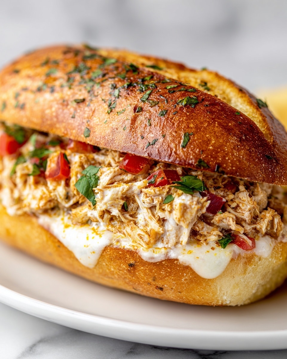 A close-up view of a sandwich made with a golden-brown toasted bun sprinkled with herbs on the top half. Inside, there is a thick layer of shredded chicken mixed with small pieces of red tomatoes and green herbs, creating a colorful, textured filling. Beneath the chicken layer, melted white cheese slightly oozes out, adding a smooth and creamy texture. The sandwich is placed on a white plate with a white marbled background. photo taken with an iphone --ar 4:5 --v 7