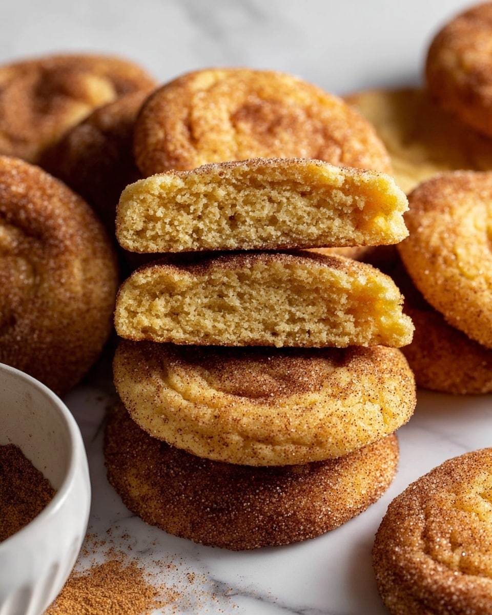The image shows a pile of round cookies on a white marbled surface. The cookies have a golden-brown color with a lighter center and a darker edge, coated with a layer of sugar and cinnamon crystals. In the middle, four cookie halves are stacked, showing a soft and crumbly texture in a pale yellow inside, with the crust slightly darker. The cookies are close together, and there is a white bowl with cinnamon sugar visible on the left edge. The photo taken with an iphone --ar 4:5 --v 7