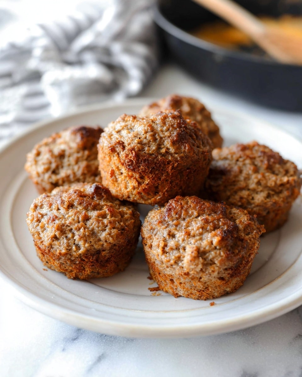 A white plate holds six small, round muffins with a rough, crumbly texture. The muffins are golden brown with some darker brown spots, showing a slightly uneven surface suggesting a homemade look. They are arranged close together in the center of the plate, sitting on a white marbled surface. In the blurred background, a black pan with a wooden spoon and a striped cloth are softly visible. The overall lighting is soft and natural, highlighting the muffins’ texture. photo taken with an iphone --ar 4:5 --v 7