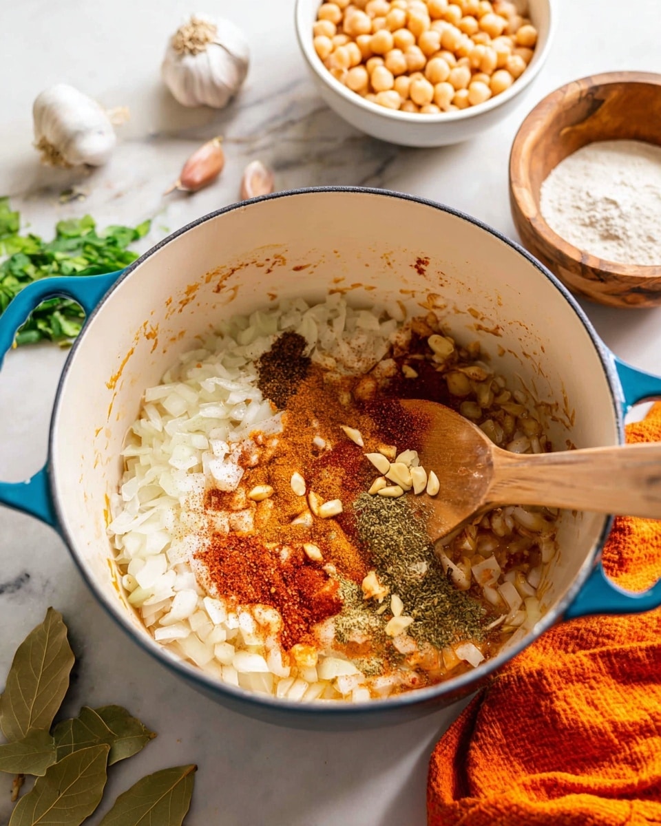 A white pot with blue handles contains several layers of cooking ingredients: a base of translucent chopped onions, topped with small bits of garlic, and sprinkled with bright red and brown spices creating a colorful mix in the center. A wooden spoon with garlic pieces rests inside, stirring the ingredients. In the background, a white bowl of beige chickpeas, green leaves, a garlic bulb, and a brown bowl with white grains sit on a white marbled surface, along with a bright orange cloth on the right. The scene is brightly lit and clear. photo taken with an iphone --ar 4:5 --v 7