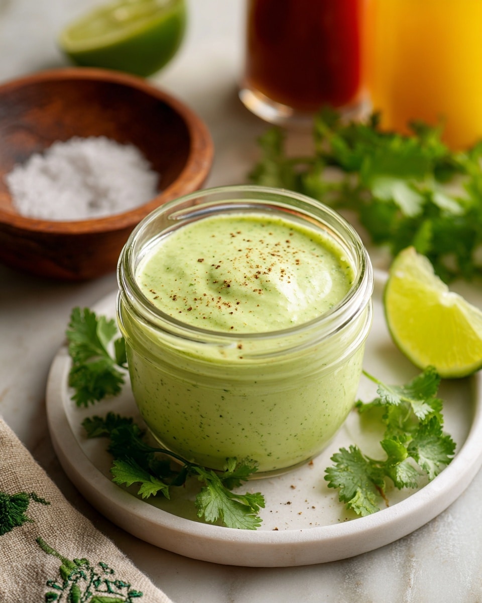 A small clear glass jar filled with a smooth light green sauce that has tiny dark green herb specks evenly mixed throughout. The jar sits on a small white plate with a white marbled surface underneath. Around the jar, there are fresh cilantro leaves scattered, a halved lime with a green rind toward the back, a brown wooden bowl containing coarse salt, and a folded cloth with green embroidered designs on one side. The background shows two blurred bottles with bright yellow and red labels. photo taken with an iphone --ar 4:5 --v 7