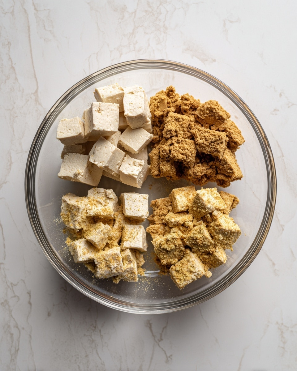 The image shows four steps of preparing a dish in a clear glass bowl on a white marbled surface. In the first step, large chunks of off-white tofu are placed in the bowl. In the second step, the tofu has a light coating of a brown powder, making it look crumbly and slightly darker. The third step shows the tofu pieces sprinkled with a more yellowish seasoning powder, covering most of the tofu surfaces. In the final step, the tofu is fully coated with seasoning and looks more uniform in light brown color, with a rough, textured surface. Photo taken with an iphone --ar 4:5 --v 7
