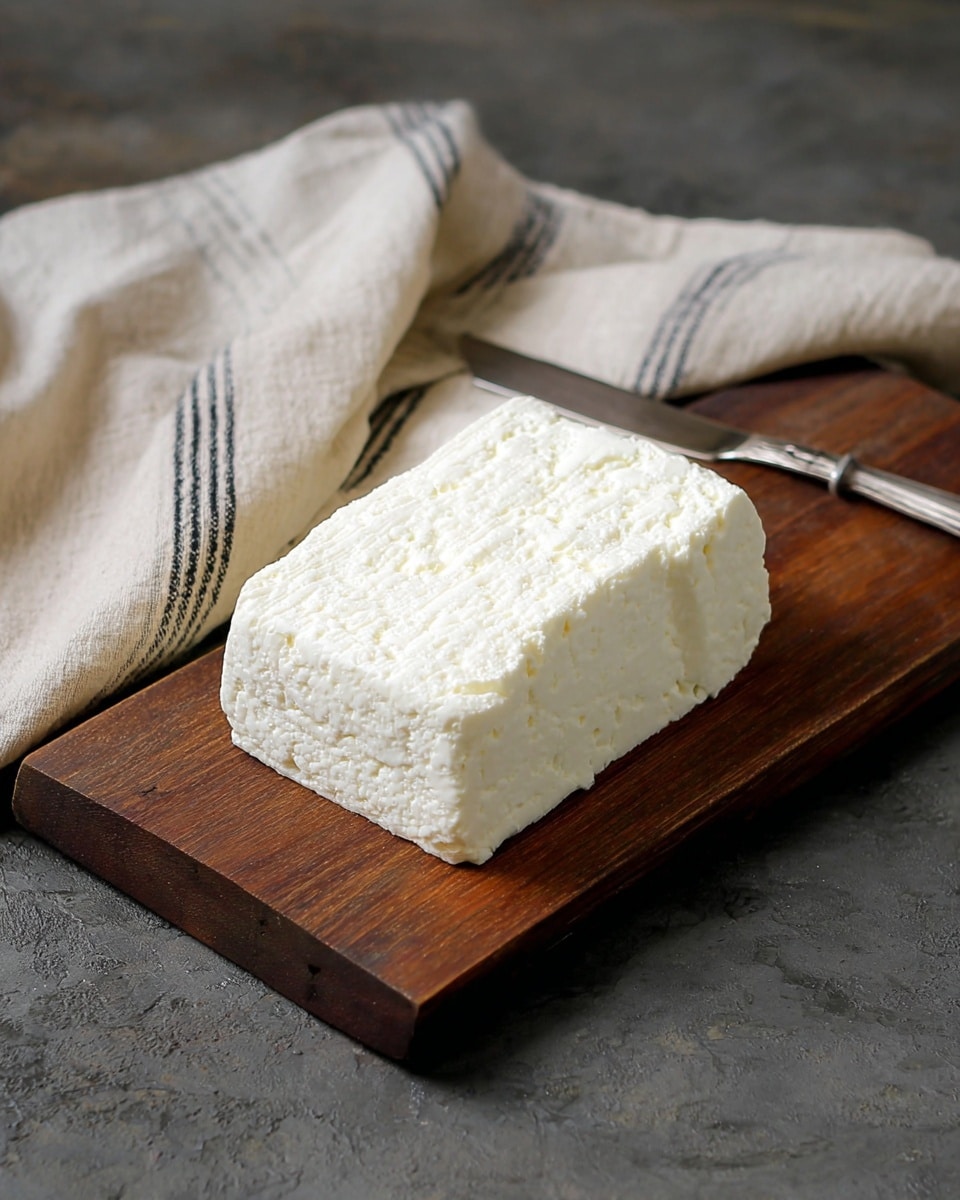 A rectangular block of white soft cheese rests on a dark wooden board, showing a slightly crumbly texture on top with smooth edges. A vintage silver butter knife lies diagonally above the cheese on the board. To the left, a cream and black striped woven cloth with a herringbone pattern is loosely draped, providing a soft, rustic touch. The whole setting sits on a white marbled surface, adding a clean, elegant background. photo taken with an iphone --ar 4:5 --v 7
