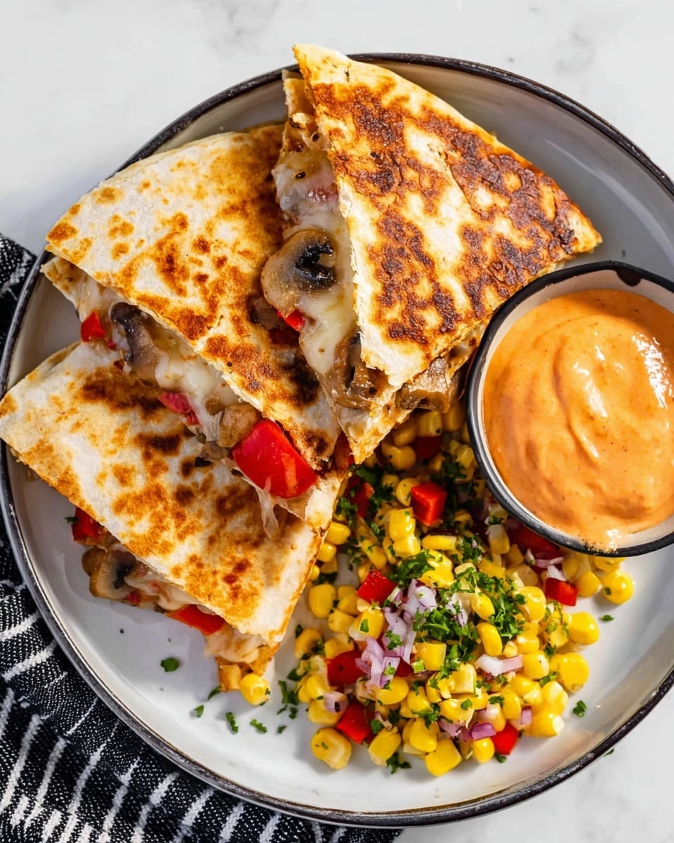 The image shows a white plate with three triangular quesadilla pieces stacked on top of each other, each piece toasted with golden brown spots and filled with melted cheese, red bell peppers, and small bits of mushrooms. To the right of the quesadillas, there is a scoop of a thick orange dipping sauce with a creamy texture. Below the sauce, a colorful corn salad is placed, featuring yellow corn kernels, finely chopped red onions, green herbs, and small red peppers on a white marbled surface background. The plate rests next to a black and white striped cloth. Photo taken with an iphone --ar 4:5 --v 7