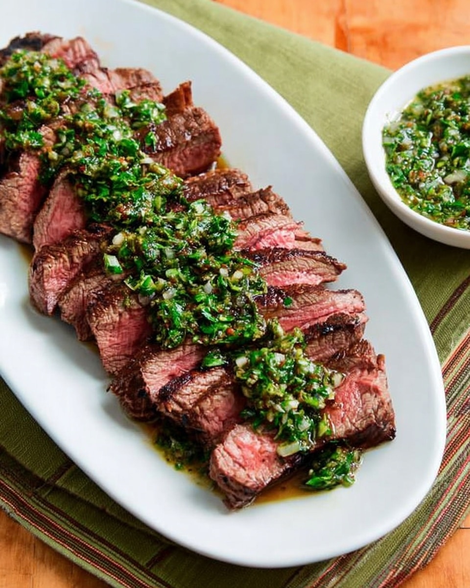 A white oval plate holds a row of thick, medium-rare steak slices arranged in a fan shape. Each slice has a dark brown seared outer edge with a pink center, showing a tender texture. On top of the steak slices, there is a thick layer of green chimichurri sauce with visible chopped herbs and garlic, spreading evenly along the length of the meat. The plate is placed on a striped green and brown cloth on a white marbled surface. To the right of the plate, a small white bowl contains more green chimichurri sauce. Photo taken with an iphone --ar 4:5 --v 7