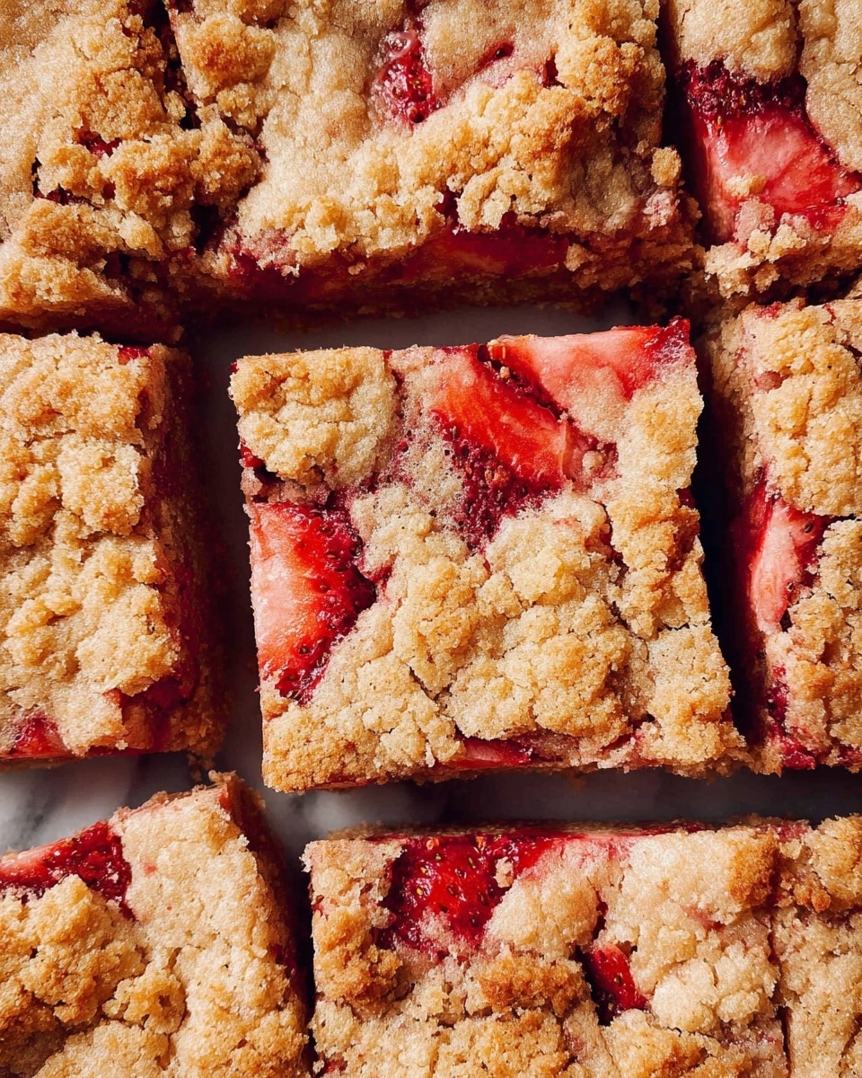 This image shows a close-up of several square pieces of a baked dessert. Each piece has a mix of light golden brown crumbly top layers with patches of bright red fruit, likely strawberries, peeking through. The dessert has a rough, textured surface with some cracks and darker brown spots where the topping is crispier. The pieces are tightly packed together, filling the entire frame, and the colors show a contrast between the soft, pale beige dough and the vibrant red fruit. The photo was taken on a white marbled surface. photo taken with an iphone --ar 4:5 --v 7