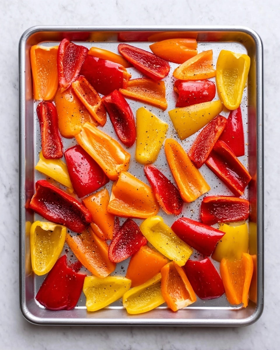 This image shows a metal baking pan filled with many pieces of cut bell peppers, arranged in a single layer. The peppers are in three colors: bright red, orange, and yellow. Each pepper piece has a smooth shiny texture with visible moisture and some black pepper sprinkled on them. The pan is placed on a white marbled surface that adds a clean and fresh look. photo taken with an iphone --ar 4:5 --v 7