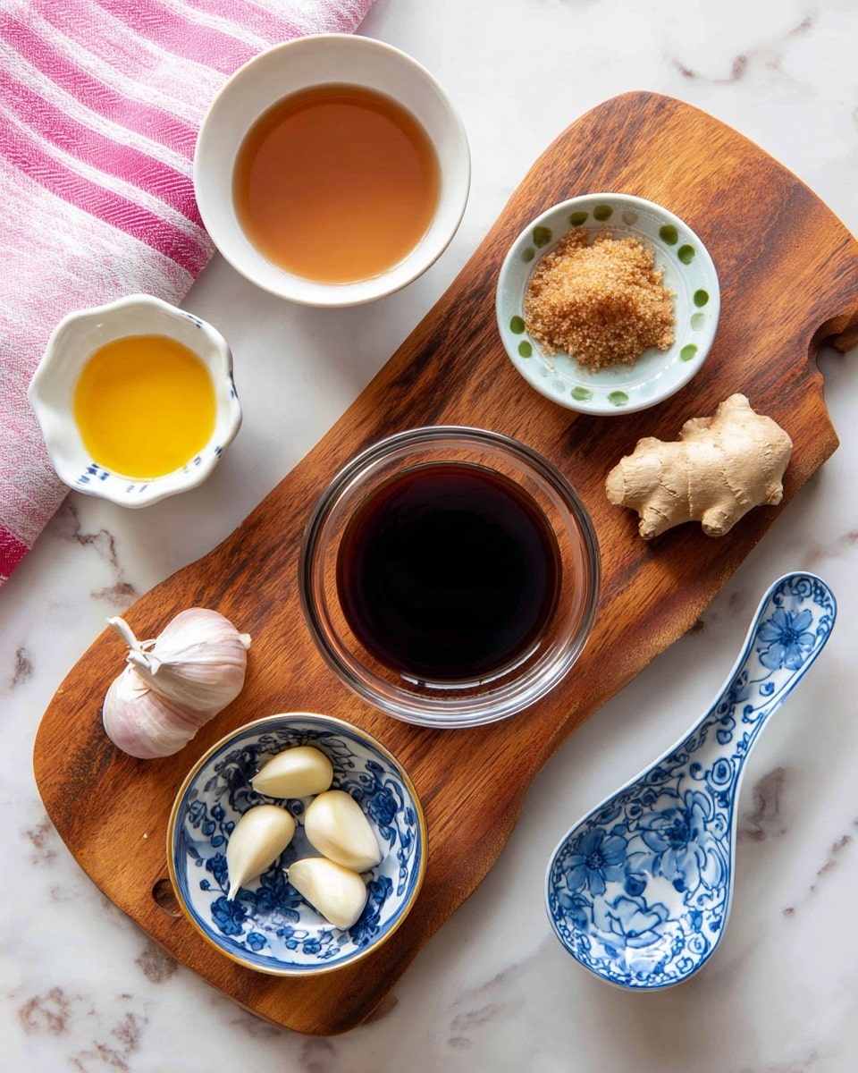 A top view of a wooden board on a white marbled surface holding a clear glass bowl filled with dark soy sauce in the center, a small white bowl with green dots filled with brown sugar on the upper right corner, and a small piece of fresh ginger near the bottom left of the board. Surrounding the board are five small white dishes: a smooth round bowl filled with a light brown liquid on the top left, a blue and white patterned bowl with a yellow liquid just below it, a small dish with three garlic cloves on the bottom left, a small bowl with a blue floral pattern in the center at the bottom, and a blue and white porcelain spoon with a blue pattern on the right near the bottom. In the top left corner is a pink and white striped cloth. Photo taken with an iphone --ar 4:5 --v 7