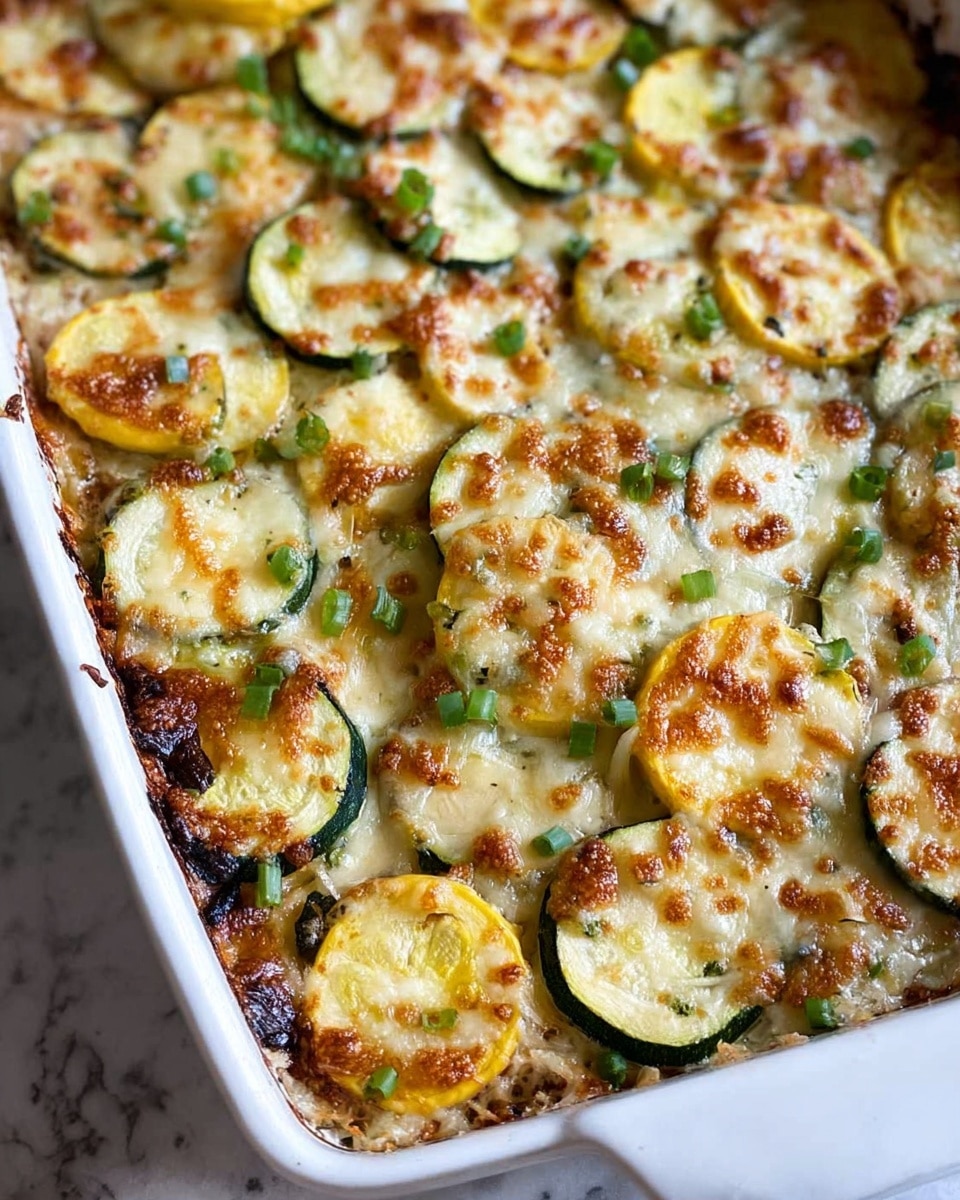 The dish is a baked casserole in a white rectangular dish, filled with slices of zucchini and yellow squash layered under a melted, lightly browned cheese topping that has a bubbly texture. The vegetable slices are thin and arranged in a slightly overlapping pattern across the top. Small green herbs, likely chopped chives or green onions, are scattered on top, adding a fresh green touch. The edges show some crispy, darker baked spots where the cheese has caramelized. The background surface is a white marbled texture. photo taken with an iphone --ar 4:5 --v 7