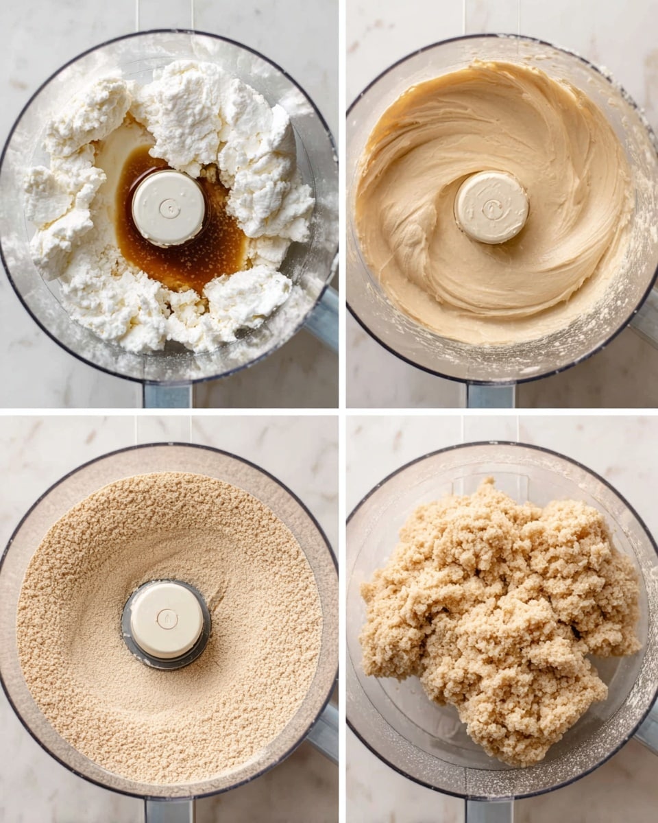 The image shows four stages of mixing ingredients inside a clear food processor bowl placed on a white marbled surface. The first stage has uneven wet and dry ingredients, including thick white curds and a brown liquid, with the blade in the middle. The second stage shows a smooth, creamy beige mixture, evenly whipped with a soft texture. The third stage features a fine, light tan powder spread flat inside the bowl. The fourth stage presents a rough, clumpy dough with a beige color gathered on one side of the bowl, showing a mix of crumbly and soft texture. Photo taken with an iphone --ar 4:5 --v 7