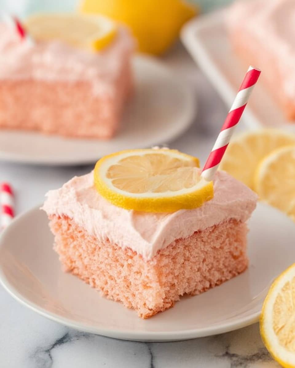 A square piece of light pink cake with a soft, spongy texture sits on a white plate. It has one thick layer of light pink frosting on top, smooth and creamy, with a slice of bright yellow lemon placed in the center. A red and white striped straw is stuck into the cake near the lemon slice. The background is a white marbled surface with other slices of cake and lemon pieces visible in soft focus. Photo taken with an iphone --ar 4:5 --v 7