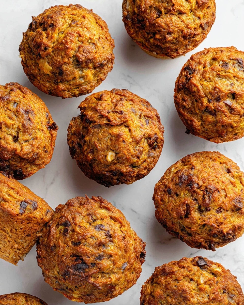 The image shows a group of muffins arranged closely on a white marbled surface. Each muffin has one main layer with a rough, textured top, displaying colors of brown and orange with visible darker spots of chocolate or nuts throughout. The muffins have a slightly uneven, rustic look with small bits of ingredients showing in the batter. The soft golden-brown exterior suggests they are freshly baked and moist inside. photo taken with an iphone --ar 4:5 --v 7