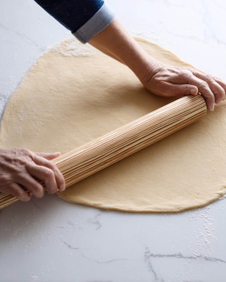 A flat, large, light beige dough is being rolled out thin and smooth on a white marbled surface. Two woman’s hands are pressing down gently on a long, wooden rolling pin with light and dark wood stripes running along its length. The dough has a few gentle stretch marks and a slight uneven edge. The background fades softly out of focus, emphasizing the texture and color of the dough and rolling pin. Photo taken with an iphone --ar 4:5 --v 7
