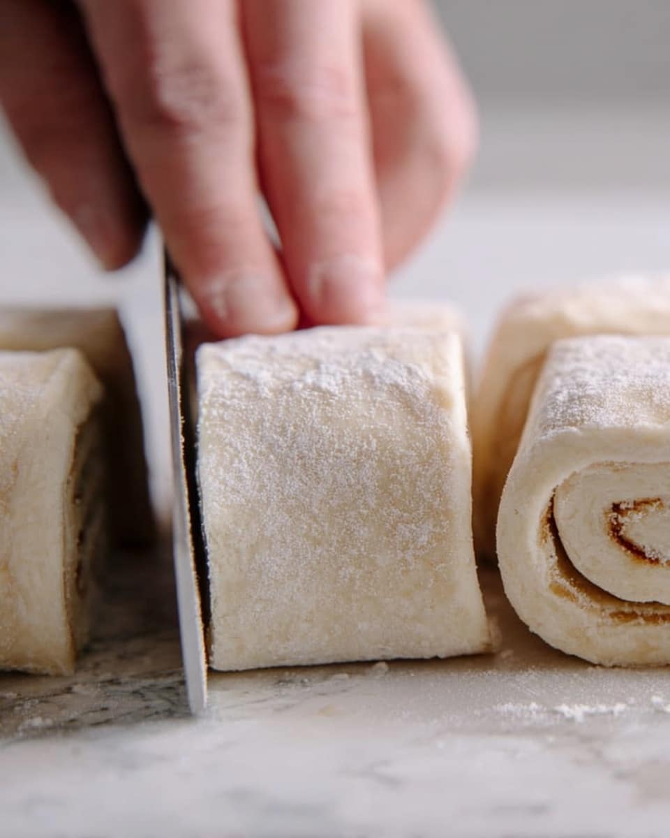 A close-up shot shows three thick, rolled dough pieces being sliced with a knife. The dough's outer layer is pale beige with a light dusting of flour, giving it a soft and powdery texture. Inside, you can see tightly rolled layers of dough in a light cream color, slightly layered and smooth. A woman's hand is gently holding one dough piece steady while the knife slices through, showing small details of skin texture and short nails. The surface beneath the dough is a white marbled texture. photo taken with an iphone --ar 4:5 --v 7