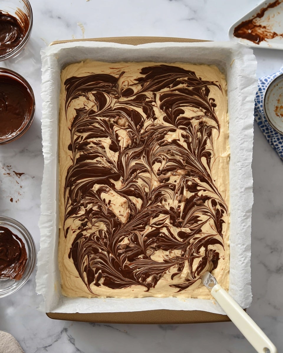 The image shows a rectangular baking pan lined with white parchment paper filled with a thick, light beige-colored batter. On top, there are swirls of dark brown chocolate where it has been mixed lightly into the batter, creating a marbled effect with curvy, flowing patterns covering the entire surface. Around the pan, there is a white marbled surface with small bowls containing thick chocolate and some batter remains, as well as a glass bowl with a white spoon resting inside. A utensil handle extends from the bottom right corner of the pan. photo taken with an iphone --ar 4:5 --v 7