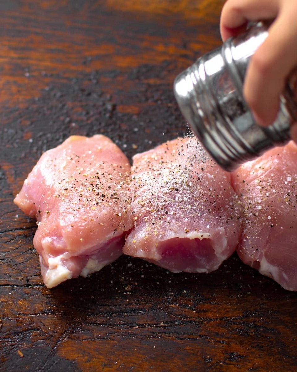 A close-up view of three raw pink pieces of chicken placed on a dark brown wooden surface, each piece sprinkled with coarse black pepper and some salt. A woman's hand is holding a clear pepper grinder over the chicken, adding more pepper. The chicken pieces have a smooth, slightly shiny texture with a few white fat parts visible. The wooden surface underneath is rough with visible grooves and scratches. photo taken with an iphone --ar 4:5 --v 7