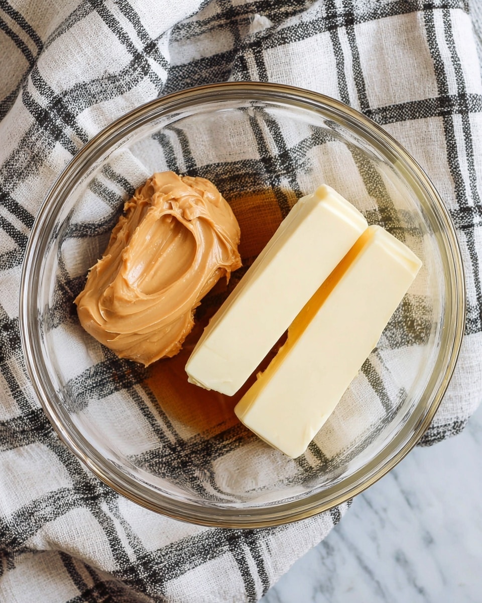 A clear glass bowl sits on a white marbled texture, holding three main layers of ingredients: a smooth, light brown creamy layer of peanut butter on the left, with two solid rectangular sticks of pale yellow butter crossed on the right, and a thin layer of dark amber syrup underneath partially visible at the bottom. The bowl is placed on a checkered white and black cloth that is draped casually around it. Photo taken with an iphone --ar 4:5 --v 7