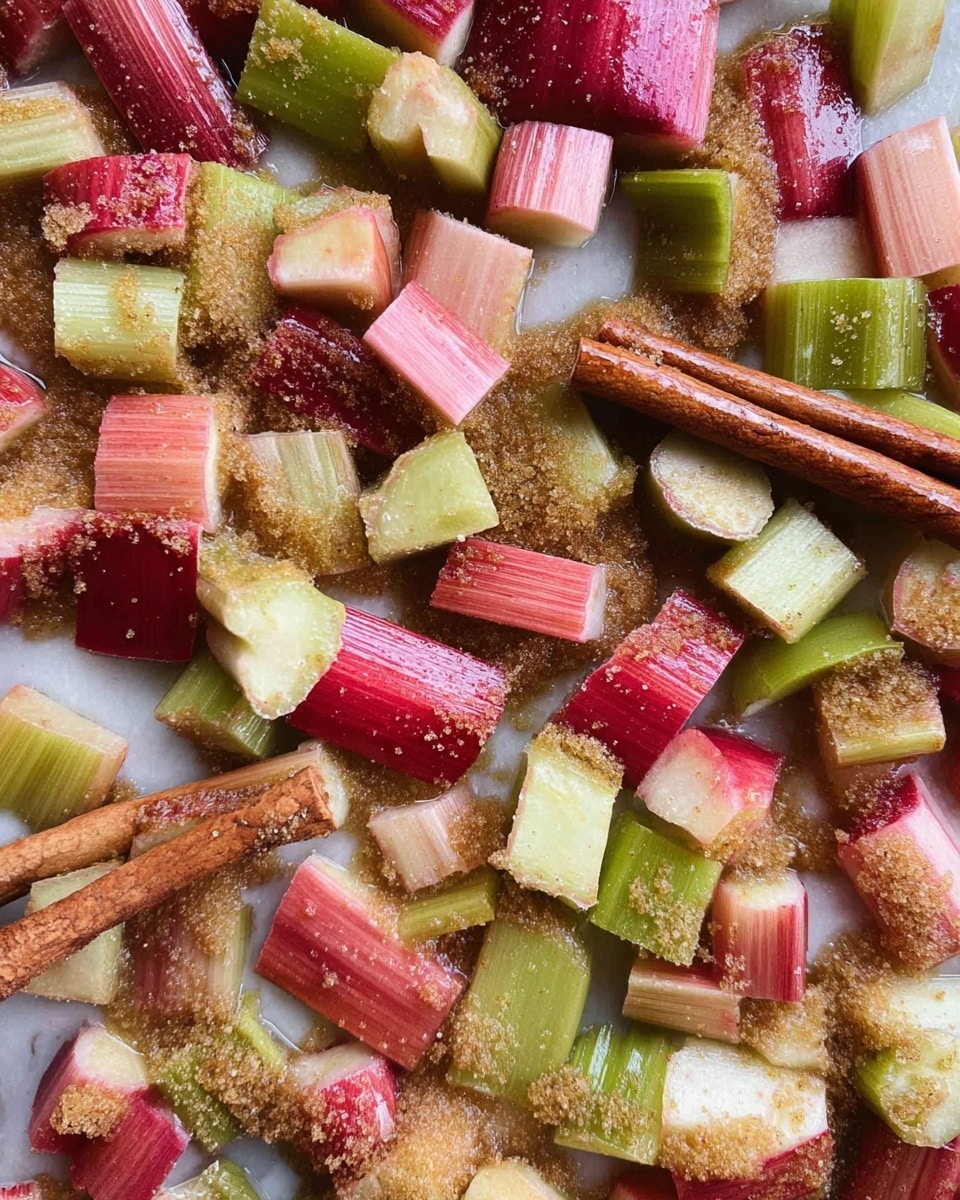 The image shows many chopped rhubarb pieces, with pinkish-red and pale green colors. The rhubarb pieces are cut into small chunks and spread closely together. There is a layer of brown sugar sprinkled over some parts, adding a grainy texture on top. A whole cinnamon stick lies on the rhubarb, showing its warm brown color and rough texture. The rhubarb looks wet and glossy, with some liquid around the pieces. The background is a white marbled surface. photo taken with an iphone --ar 4:5 --v 7