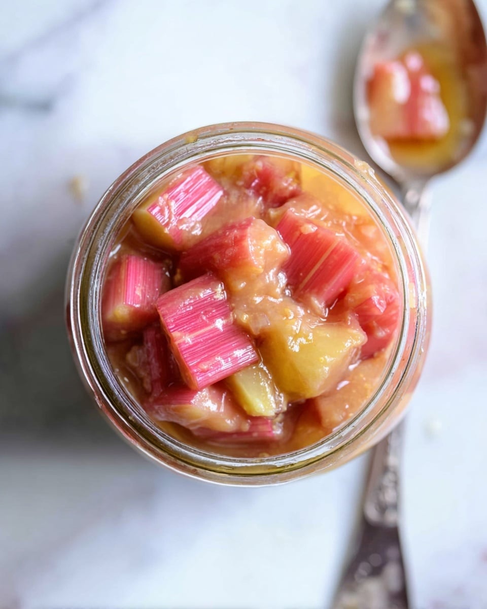 A close top view of a glass jar filled with chunks of cooked rhubarb in shades of pink and pale yellow, soaked in a glossy syrup that adds a shiny texture to the soft fruit pieces. The jar is placed on a white marbled surface with a silver spoon beside it, which has some syrup and small bits of rhubarb coating its bowl. The overall look shows the fruit pieces layered naturally inside the jar, reflecting a warm, slightly translucent appearance. photo taken with an iphone --ar 4:5 --v 7