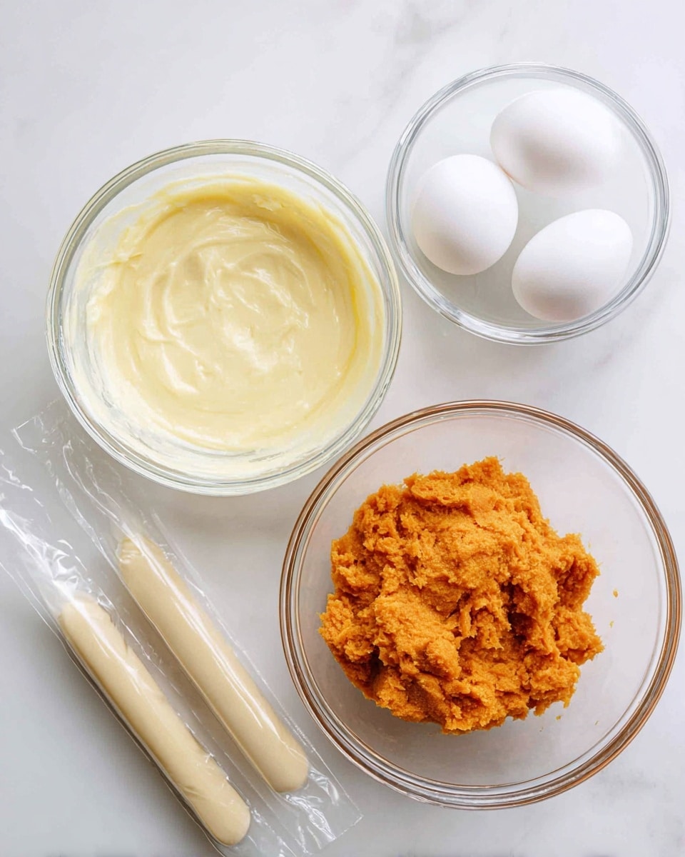 A top-down view of four clear glass bowls arranged on a white marbled surface. The top right bowl holds orange mashed sweet potatoes with a coarse texture, the bottom middle bowl contains a smooth, creamy pale yellow mixture, and the top left bowl has two whole white eggs. On the bottom left corner, there are three small clear plastic piping bags filled with a light beige mixture, placed side by side. The photo taken with an iphone --ar 4:5 --v 7