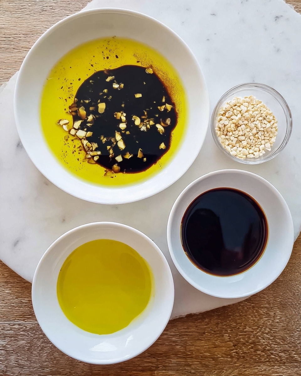 The image shows four white dishes arranged on a white marbled surface. The largest dish on the left contains a yellow layer of olive oil with a dark brown layer of balsamic vinegar floating on top, scattered with small pale yellow garlic pieces. On the upper right, a small clear glass bowl holds a small amount of pale rolled oats. Below this, a medium-sized white bowl contains a yellow peppery oil. At the bottom right, a smaller white bowl holds a thick, dark brown soy sauce. The scene is warm and simple, focusing on the textures and colors of the liquids and oats. photo taken with an iphone --ar 4:5 --v 7