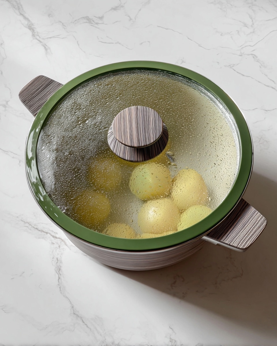A round pot with a clear glass lid sits on a white marbled surface. The lid has a green rim and a handle with a grayish wood grain texture that matches the two side handles of the pot. Inside the pot, you can faintly see pale yellow round shapes, slightly blurred by condensation on the lid. The glass has a foggy pattern from steam inside, and small water droplets are visible on the surface. photo taken with an iphone --ar 4:5 --v 7