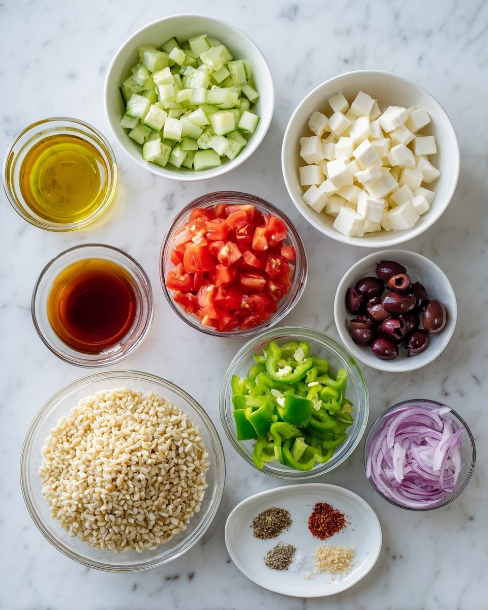The image shows an arrangement of white bowls and glass dishes on a white marbled surface, each holding different chopped or prepared ingredients. There are seven main containers: a bowl with light green cucumber pieces, a bowl with creamy white cubed cheese, a bowl with chopped red tomatoes, a bowl with chopped green bell peppers, a bowl filled with beige cooked barley grains, a small glass bowl with sliced dark olives, and a small glass bowl with thinly sliced red onions. Two glass bowls hold liquids, one with amber olive oil and one with reddish vinegar. There is also a white plate with four piles of dry spices and salt, all close to one another. The composition is neat and brightly lit, giving a fresh and vibrant look. photo taken with an iphone --ar 4:5 --v 7